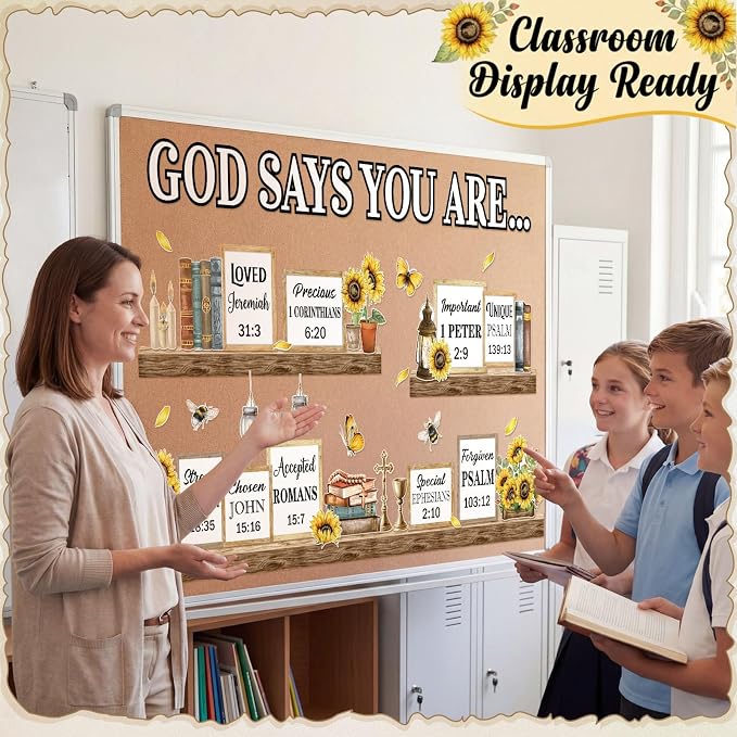 Qilery Sunflower Faith Bulletin Board Decor Cardstock Religious Cutouts | Sunflower Bulletin Board Borders & Letters, Christian Office Inspirational & Church Classroom Decor Kit, Adhesive Dots