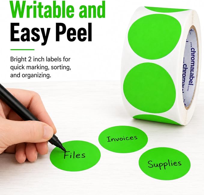 Fluorescent Green Dot Stickers, 2 Inch, 500/Roll | Writable Matte Paper Circle Stickers for Inventory, Classrooms, Offices, Retail, and Color Coding. Made in USA