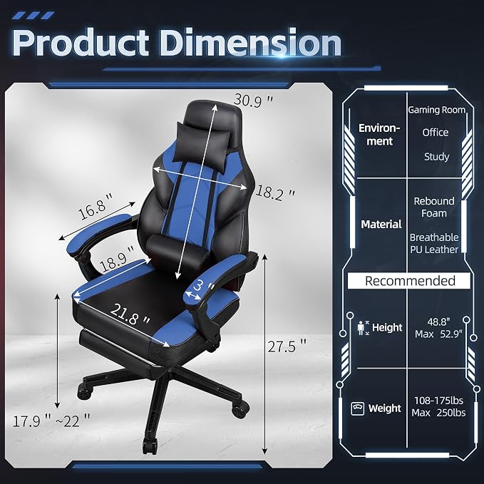 Gaming Chairs for Adults, Computer Chair with Footrest and Ergonomic High Back, Big and Tall Gamer Chairs with Massage Lumbar Support, 360° Swivel Height Adjustable Gaming Chair, Blue