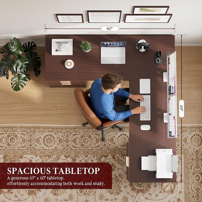 FURSUN 69" Executive L Shaped Desk, Wood Corner Executive Computer Desk with Power Outlets & Storage Drawers, Large Office Desk Workstation for Home, Dark Walnut