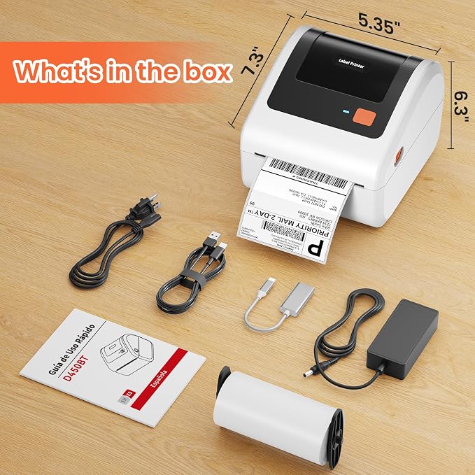Bluetooth Thermal Shipping Label Printer with Built-in Label Holder | D450BT Bluetooth Thermal Label Printer 4x6 for Small Business, Compatible with iPhone, Android, Windows, macOS, Tiktok, USPS