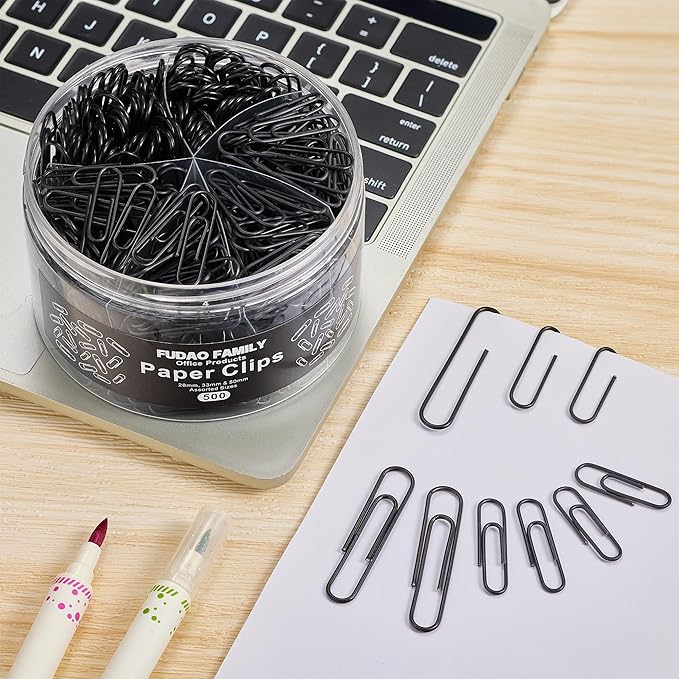FUDAO FAMILY 500pcs Paper Clips Assorted Sizes, Small, Medium and Large（1.1inch, 1.3inch and 2inch Paper Clips, Vinyl Coated Paperclips for Office, School, Home Supplies (Black)