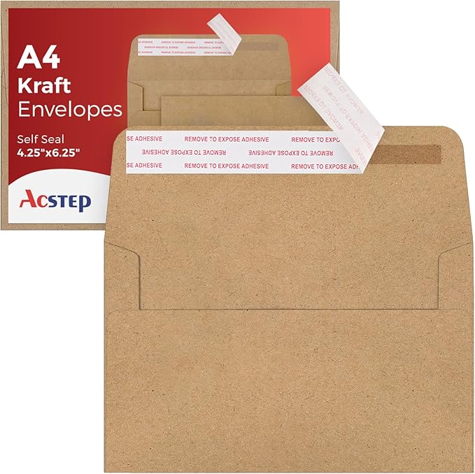 ACSTEP 100Pack A4 Envelopes 4-1/4 X6-1/4 Inch Self Seal Brown Kraft 4X6 Envelopes For for Weddings, Invitations, Photos, Postcards, Greeting Cards Mailing,Baby Shower, Graduation