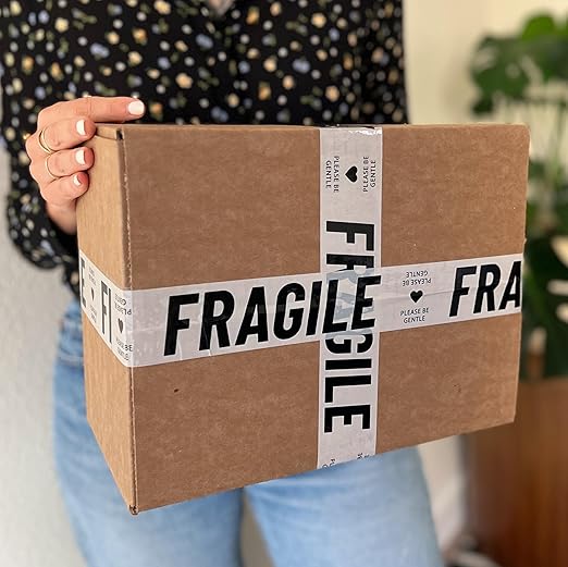 Fragile Packing Tape with Pink Dispenser – Please Be Gentle Minimal Cream & Black Design, 1.88" x 22.2 Yards – Packaging Tape for Moving Boxes, Small Business, and Mailers