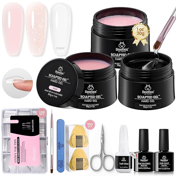 Beetles Hard Gel for Nails Kit,3 Colors Clear Nude Glitter Sculpted Gel, Nail Extension,Sculpting,with Long Square Half Cover Nail Tips for Salon Pros Women,Nude Pink&Clear Builder Gels,UV&LED Cured