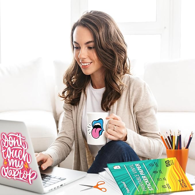 Premium Printable Vinyl Sticker Paper for Inkjet and Laser Printer - 50 White Matte Sticker Paper Waterproof - Excellent Adhesion Paper 8.5 x 11, Fast Dry, Holds Ink Well, Great for Cutting Machines