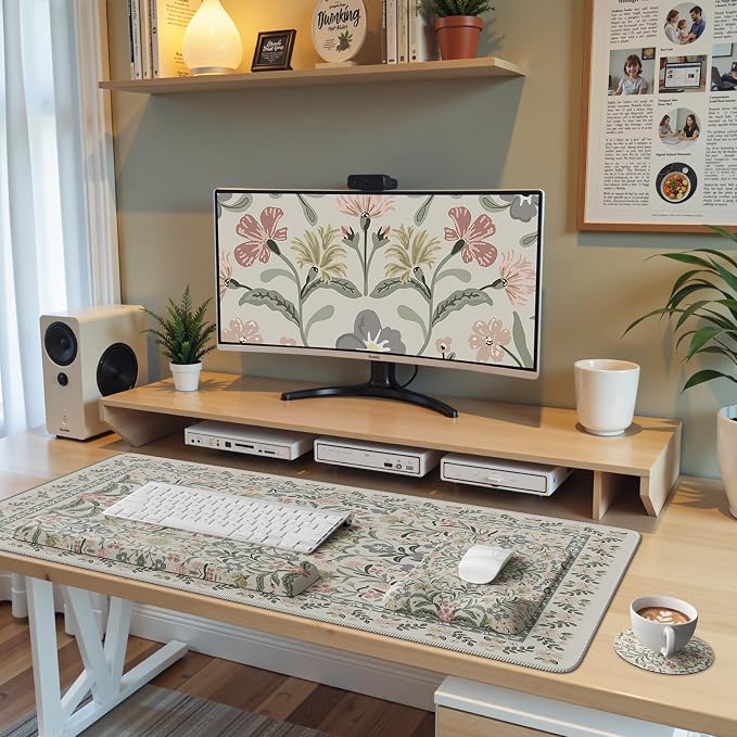 iCasso Mouse Pad with Wrist Rest,Ergonomic Large Desk Mat Set, Gray | Keyboard Pad with Wrist Support, Non-Slip Mouse Mat for Women, Cute Floral Computer Mat for Home Office Gaming