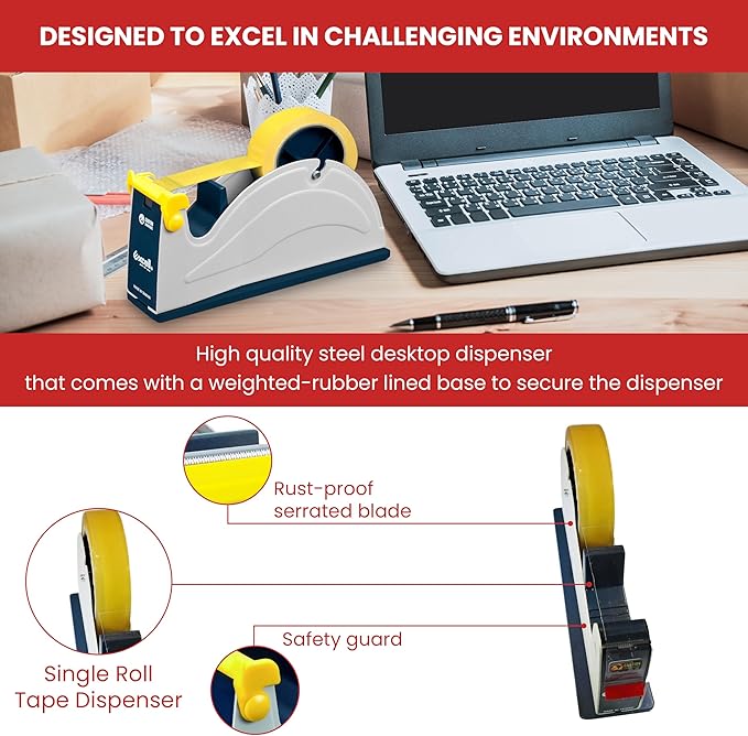 GGR Supplies ET-1170 Steel Desktop Tape Dispenser, 1 Inch, Blue/Grey | Made by EXCELL; Weighted Base, Rust-Resistant Blade and Safety Cover; Fits 3-Inch-Core Rolls up to 5-Inch OD, Pack of 1