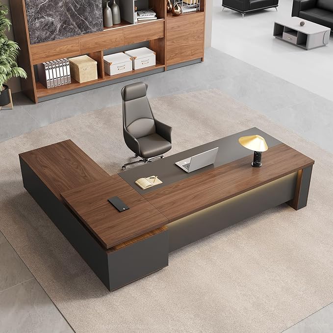 63" L-Shaped Executive Desk with Reversible Return, Locking Drawers, Built-in Power Outlet & LED Accent Light, Modern Office Desk with Storage and Privacy Panel, Walnut & Graphite Gray