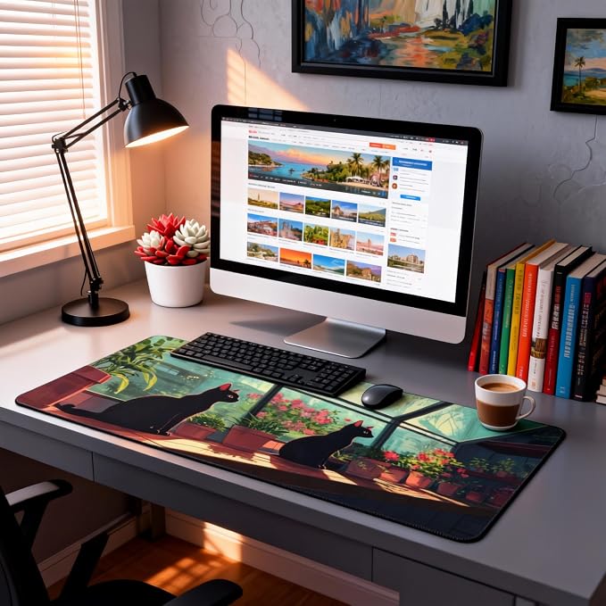 Cute Anime Black Cat Gaming Mouse Pad, Forest Green Anime Desk Mat with Anti-Slip Base & Stitched Edges,35.4" x 15.7" in Desk Accessories for Women, Home Office Decor & Artistic Gift