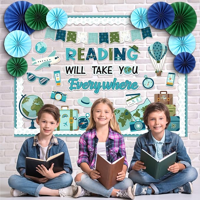 76 Pcs Reading Travel Bulletin Board Set with Paper Fans Reading Motivational Classroom Decorations Travel The Map Camping Mountain Cutouts for Back to School Office Home Wall Supplies Decor