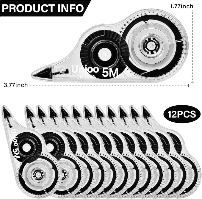 Unjoo White Correction Tape, For school, Office,12pack, 5M/196"x0.2",Black | Easy To Use Applicator for Instant Corrections Wrong Writing At Any Time, Tear-Resistant Correction tape Bulk