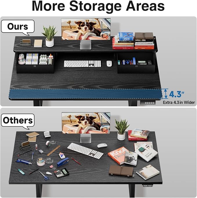 Veken 55x26 in Electric Standing Desk with Drawers, Adjustable Table, Black | Stand up Computer Desk for Home Office, Work & Study, with Storage, 3 Memory Presets, Cable Organizer, Hook, and Quiet Lift.