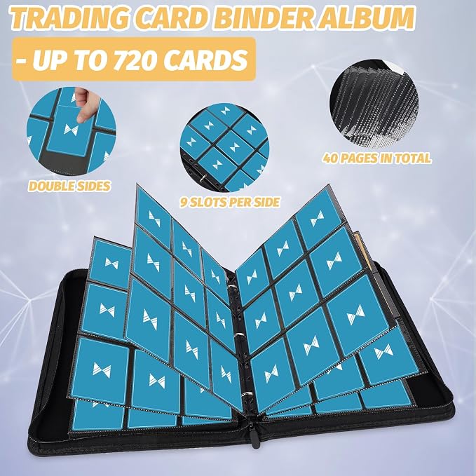 GERMUN 3 Ring 9 Pocket Zipper Card Binder, 720 Double Sided Standard PU Trading Card Album Folder for TCG & Sports Cards, Not Fit Top Loaders (Light Purple)