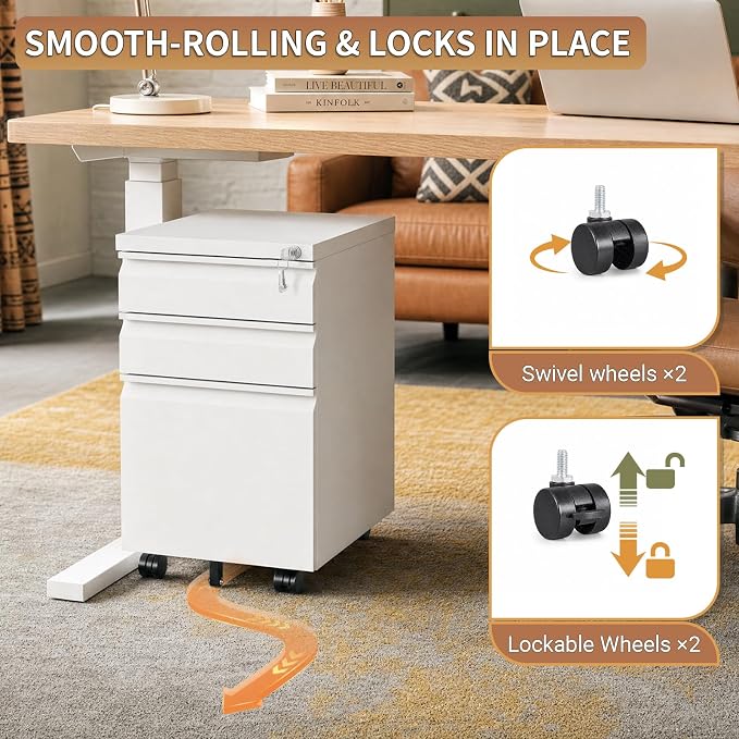 3 Drawer Small Under Desk Rolling File Cabinet with Lock for Home Office | Fully Assembled,Central Locking System,Metal,Pencil Tray,Hanging File Bar,Anti-Tipping Caster