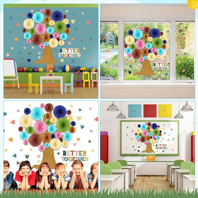 62 Pcs Boho Tree Bulletin Board Set for Spring Classroom 3D Tree Bulletin Board DIY Paper Fans Heart Cutouts Better Together Wall Decor for Home School Classroom Teacher Chalkboards Supplies