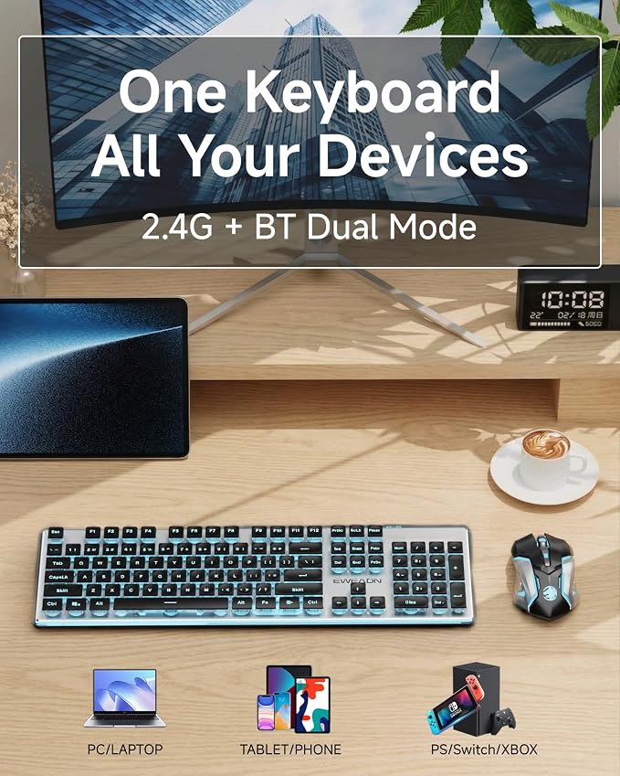 Wireless Keyboard and Mouse Combo with White Backlit Pudding Keycaps, Bluetooth & 2.4G, 2000mAh Rechargeable, Full Size, Metal Panel Quiet Computer Keyboard Set for Windows PC Desktop - Black