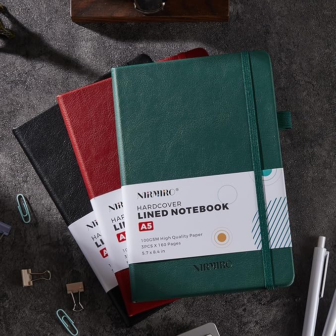 Hardcover Journal Notebook, A5 (5.7"x8.4"), 3 Pack 160 Pages Lined Journaling Notebooks with Pen, for Women, Men, Work, Writing, Travel, 100GSM Ruled Paper, School Office Supplies, Black, Red, Green