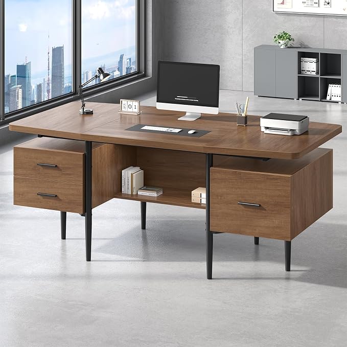 70.9" W x 27.6" D Modern Executive Desk, Wooden Computer Desk with 2 Drawers and File Drawer, Privacy Panel & Open Storage Shelf, Large Home Office Writing Desk for Living Room