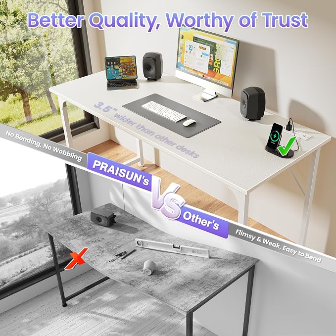 55 X 20 Inch Computer Desk, Power Outlets, USB-C, White | Office Desk with 4 AC Outlets, USB & USB-C, Sturdy Metal Frame, Spacious Desktop for Work, Writing, Study & Gaming