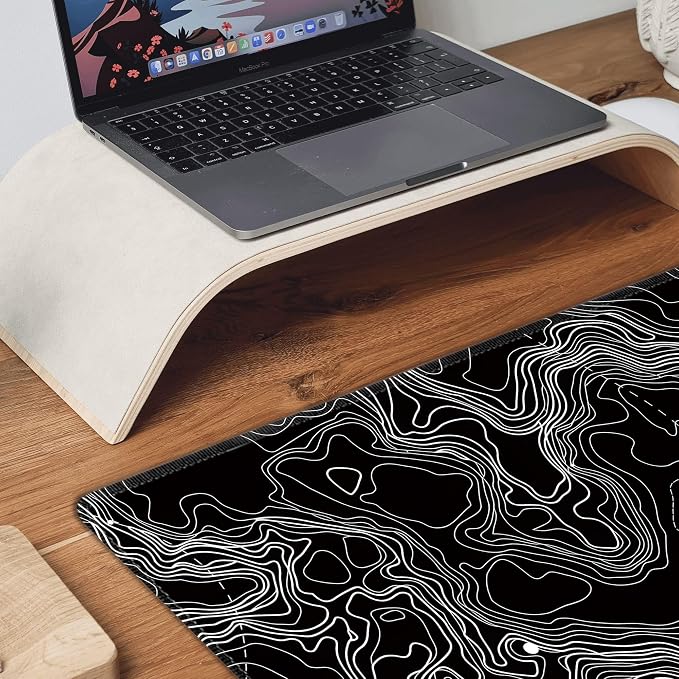 Black with White Topographic Line Large Mouse Pad,Gaming Keyboard Desk Pad,Extended Mouse Mat Non-Slip Rubber Base with Stitched Edges for Office Game Home XXL 35.4"x15.7"
