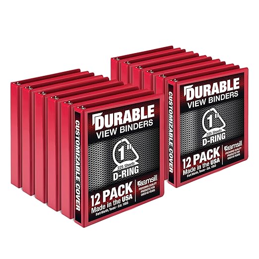 Samsill Durable 1 inch 3 Ring Binder, D Ring Binder, 100% Recycled Chipboard, Red, 12 Pack