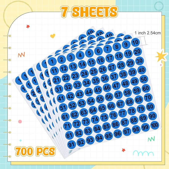 Clabby 700 Pcs Number Stickers 1-100 Consecutive 1 Inch Round,Blue | Self Adhesive Vinyl Labels for Inventory, Storage Bins, Office Filing, Warehouse Management, Color Coded Organization