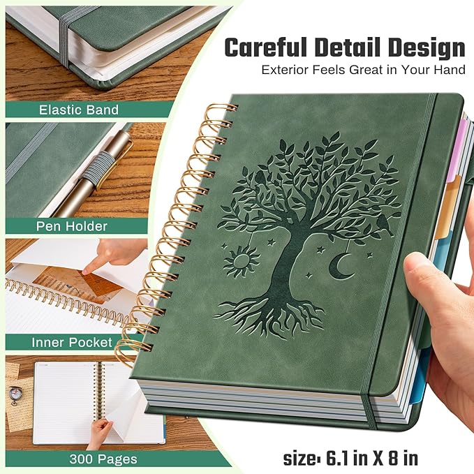 Hardcover Spiral Notebook 6.1" x 8.4" with 5 Removable Dividers 300 Pages Leather 5 Subject Notebook College Ruled 100GSM Large Spiral Notebooks for Work Thick Lined Journal for Women, Green