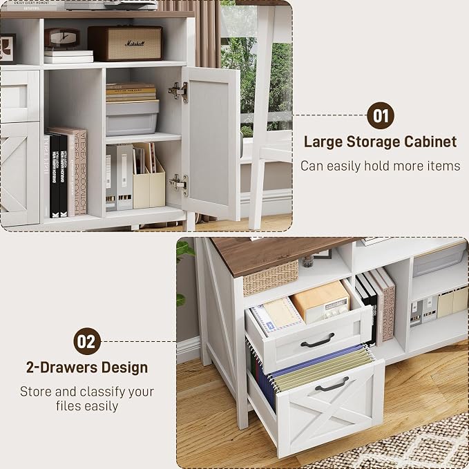 Befrases Farmhouse File Cabinet with Doors, Lateral Filing Cabinet with 2 Drawers for Letter/A4 Size Hanging Files, Large Wooden Printer Stand with Open Shelf for Home Office, Rustic White