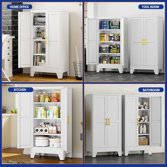 Metal Storage Cabinet with 2 Doors and 3 Adjustable Shelves - 47.2" Steel File Cabinet,Tool Cabinets for Office,Home,Garage,Gym,School,Bathroom,Kitchen(White)