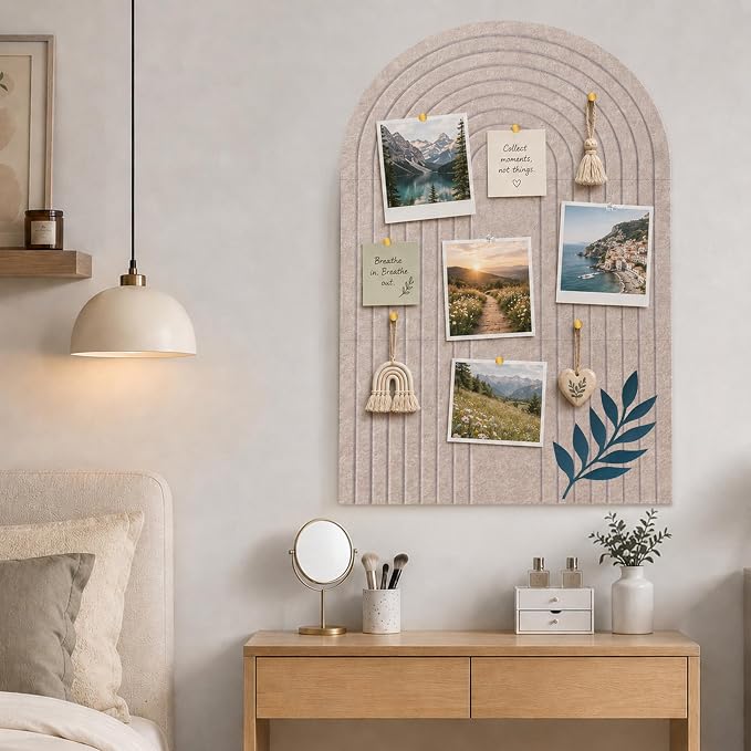 Large Arched Felt Bulletin Board, Stylish Sized 36" x 24" Cork Board Alternative with Grooved Pin Board for Office & Wall, 3 Foldable Customizable Adhesive Tiles with Pins for Photo Display, Camel