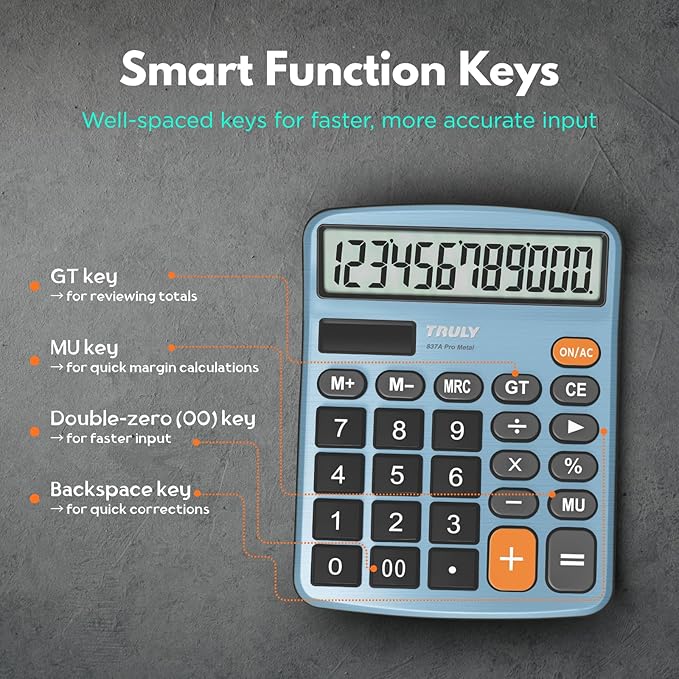 TRULY 12-Digit Desktop Calculator with Large Display, Big Buttons, Dual Power (Solar + Battery), Metal Finish, Ideal for Office, Home, School – 837A Pro Light Blue