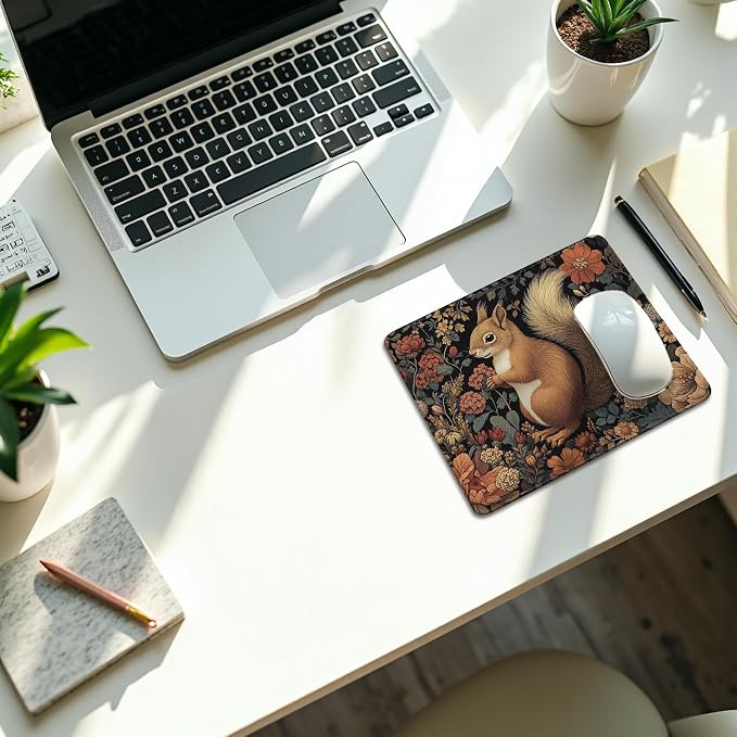 Vintage Moody Floral Squirrel Mouse Pad, Squirrel Lovers Gifts, Dark Cottagecore Forest Animal Mouse Pads Mousepad for Home Office Dorm Computers Laptop Supplies Desk Accessories, 9.5x7.9 Inch