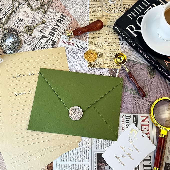 YINUOYOUJIA 50 PCS Olive Green Specialty Paper Envelopes A7, 5 x 7 Envelopes for Invitation, Great for Wedding Invitation Cards, Photos,Perfect for Birthday, Baby Shower, Graduation, Christmas