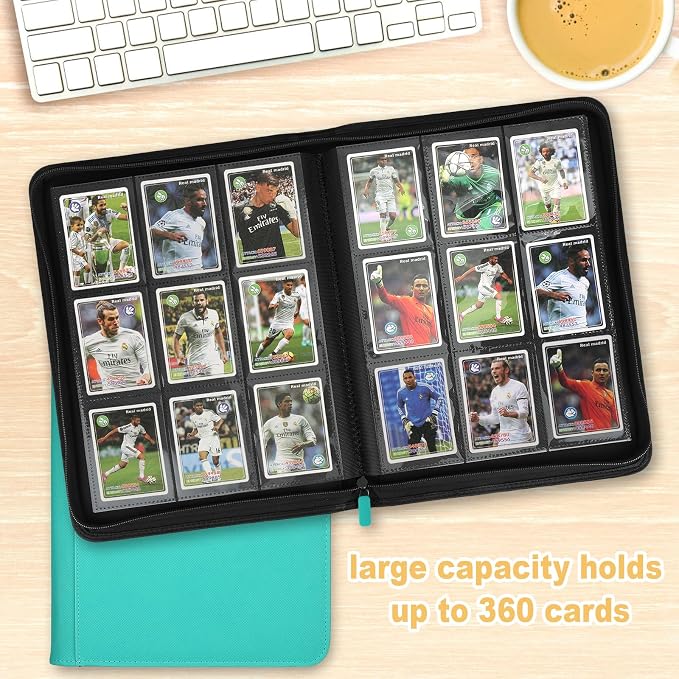 360 Cards Ringless 9-Pocket Side Loading Trading Card Binder, PU Zipper Fixed Page Card Album for TCG Sports Cards, Not Fit Top Loaders (LAKEBLUE)