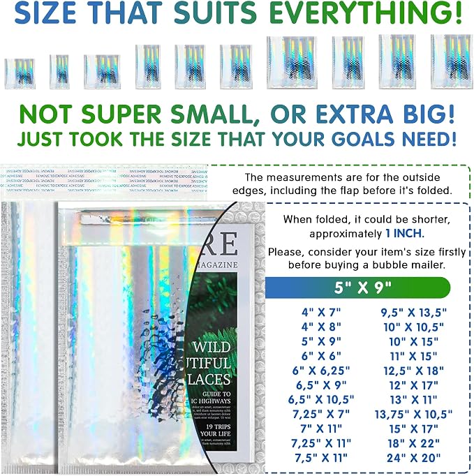 Glamour Metallic Bubble Mailers 5 x 9 Inches Hologram, 500 Pack Padded Envelopes for Shipping, Mailing, Packaging Protection
