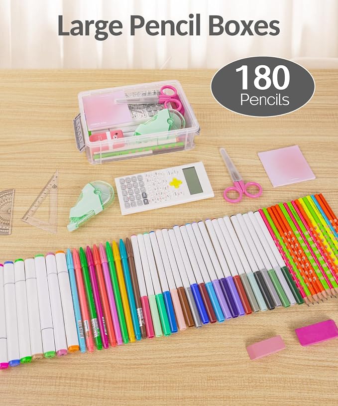 Sooez 6 Pack Extra Large Pencil Box, Plastic Pencil Case Crayon Box | Clear Marker Organizer Plastic Containers with Lid, Stackable Storage Boxes for Art Craft,Back to School Supplies, Multi