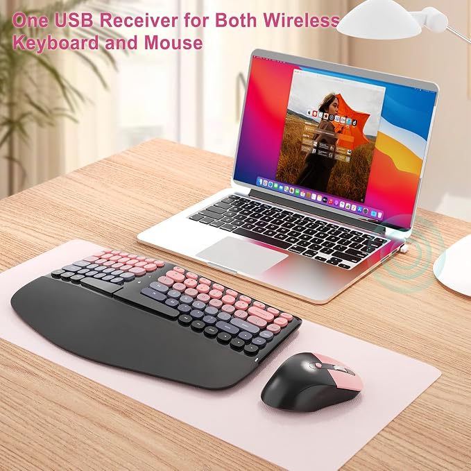 Ergonomic Wireless Keyboard Mouse, Mechanical Gaming Set with Wrist Rest | Compatible With All windows and Type C Computer,With OTG & Long Clean Bruch,Ideal for PC, Home, Office and College