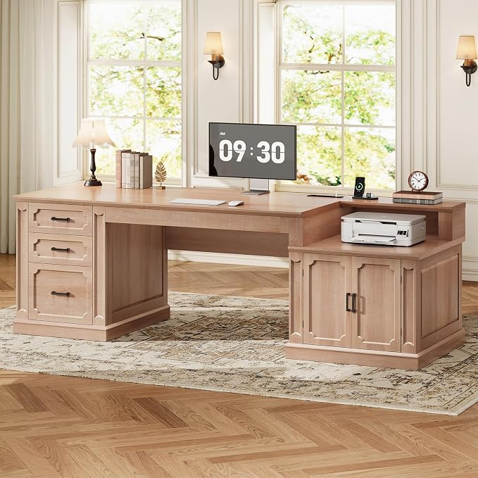 SEDETA Farmhouse 70.9" Executive Desk, Home Office Desk with File Drawers and Storage Cabinet, Computer Desk with Power Outlet for Home Office, Work Study Writing, Oak