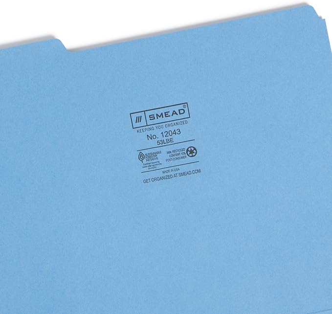 Smead Blue File Folders for Documents, with 1/3-Cut Tabs, Letter Size, Blue, 100 Pack for Easy Organization and Office Use (12043)