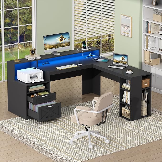 63" Farmhouse L Shaped Desk with Drawers & Storage Shelves for Home Office | Corner Desk with Power Outlets & LED Lights, L-Shaped Office Desks with File Drawer, Printer Shelf, Monitor Stand, Black