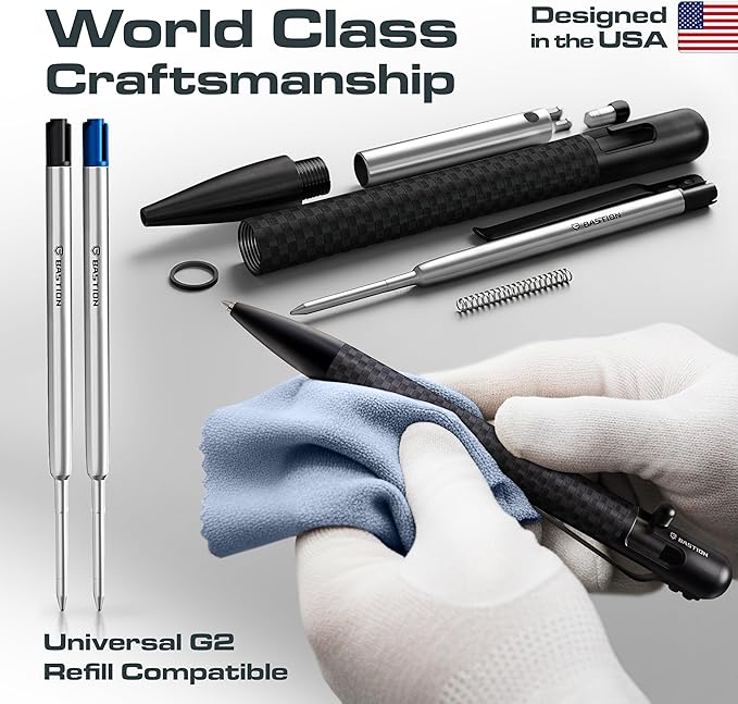 BASTION® Luxury Carbon Fiber Bolt Action Pen Durable Professional Ballpoint Pen for Travel, School and Work Birthday Gift Idea - Black Stainless Steel
