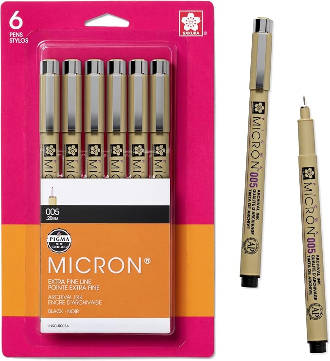 SAKURA Pigma Micron Fineliner Pens, 005 Tip Size, Archival Black Ink, 6PK 50034 | Archival Pigment-Based Black Ink Pens for Writing, Illustration & Journaling, Precise Points & Lines, No Bleed