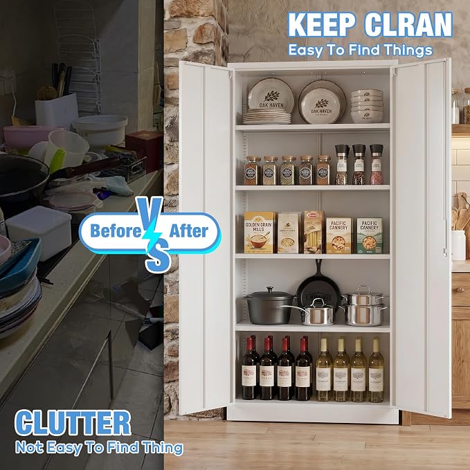 71-Inch White Metal Storage Cabinet with Locking Doors | Four adjustable shelves organize tools, files, pantry supplies, and office items in a tall freestanding cabinet.