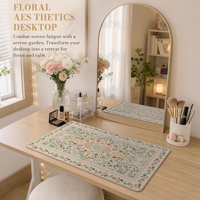 iCasso Aesthetic Flower Mouse Pad for Laptop, 23.6x13.7in Desk Pad, Beige | Desk Matt for Desktop,Anti-Slip Mousepad with Stitched Edges for Laptop Computer Keyboard
