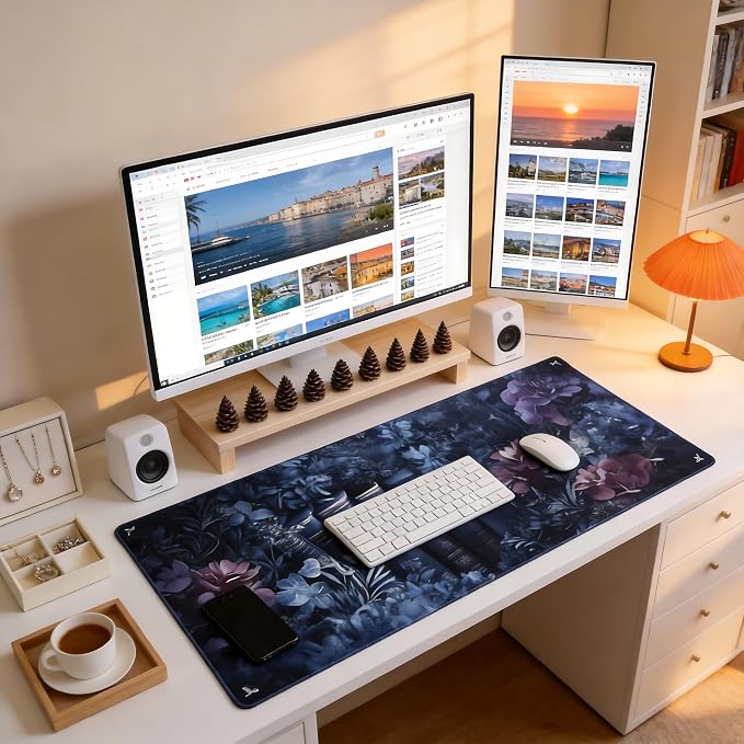 Floral Aesthetic Book Gaming Mouse Pad, Purple Dark Romanticism Desk Mat with Anti-Slip Base & Stitched Edges,35.4" x 15.7" in Table Mat for Computer Desktop, Beautiful Workstation Decor