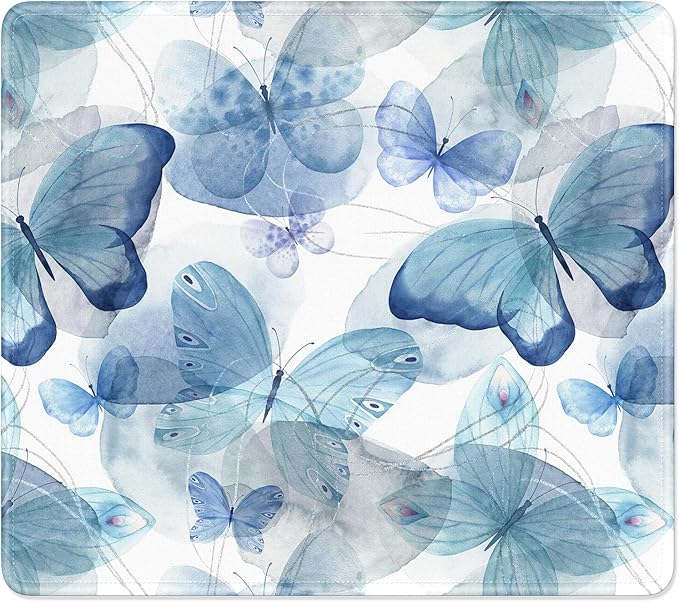 Mouse Pad, Minimalism Marble Style Computer Pad, Anti-Slip Rubber Mouse Mat with Stitched Edges for Gaming, Office, Laptop, PC, Women, 9" x 8" Thick 3 mm, Blue Butterfly