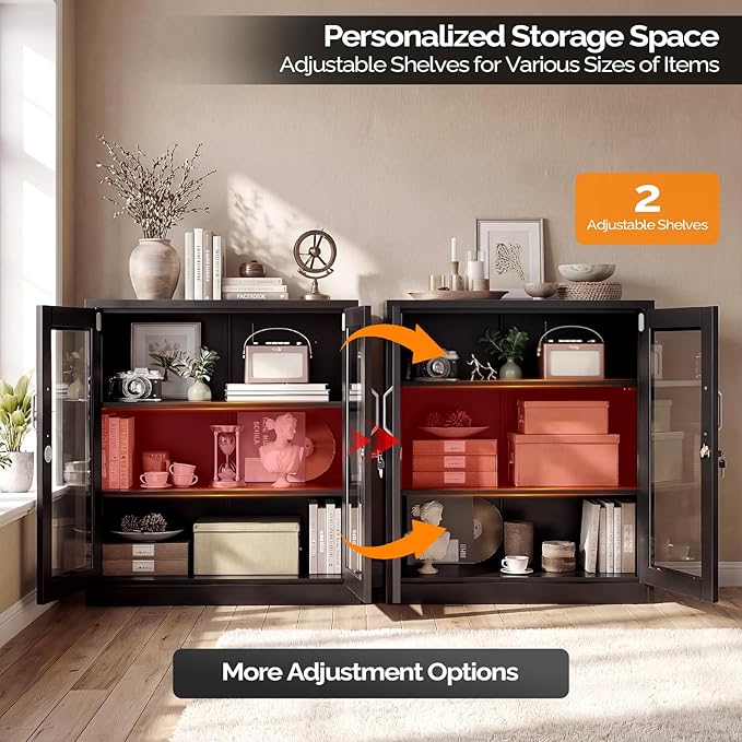 VINGLI Lockable Display Cabinet with Glass Door & 3ble Shelves, 35.5" H Metal Storage Cabinet Curio Liquor, Bookshelf Bookcase for Home Office Living Room Pantry Garage (Black)