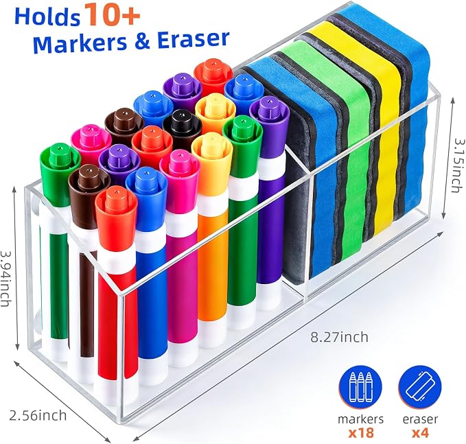 Simetufy Large Magnetic Dry Erase Marker Holder, Magnetic Pen Holder | Large Acrylic Pen Holder, Whiteboard Marker Holder with Movable Divider for Fridge&Locker, Non-slip Dry Erase Marker Holder