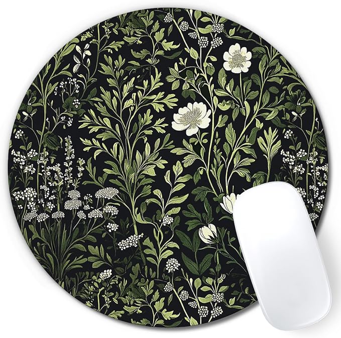 Floral Green Plant Mouse Pad, Vintage White Flower Botanical Cottagecore Mousepad Mouse Mat with Non-Slip Rubber Base for Home Office Desk Accessories, Green Office Supplies, 7.9x7.9 Inch